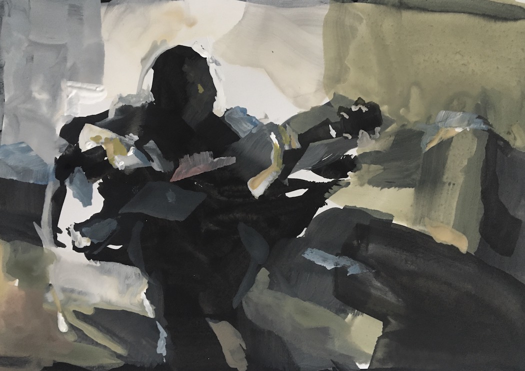 Accoustic Bass Player, painting, Gouache on Paper, on Commission 90.-